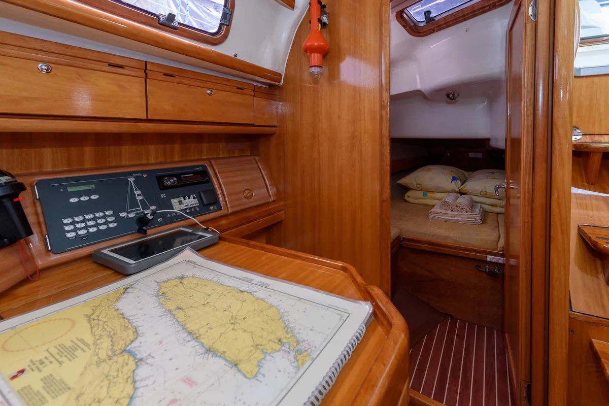 Cockpit of Katarina, a Bavaria 37 Cruiser sailboat at Grad Trogir, Croatia