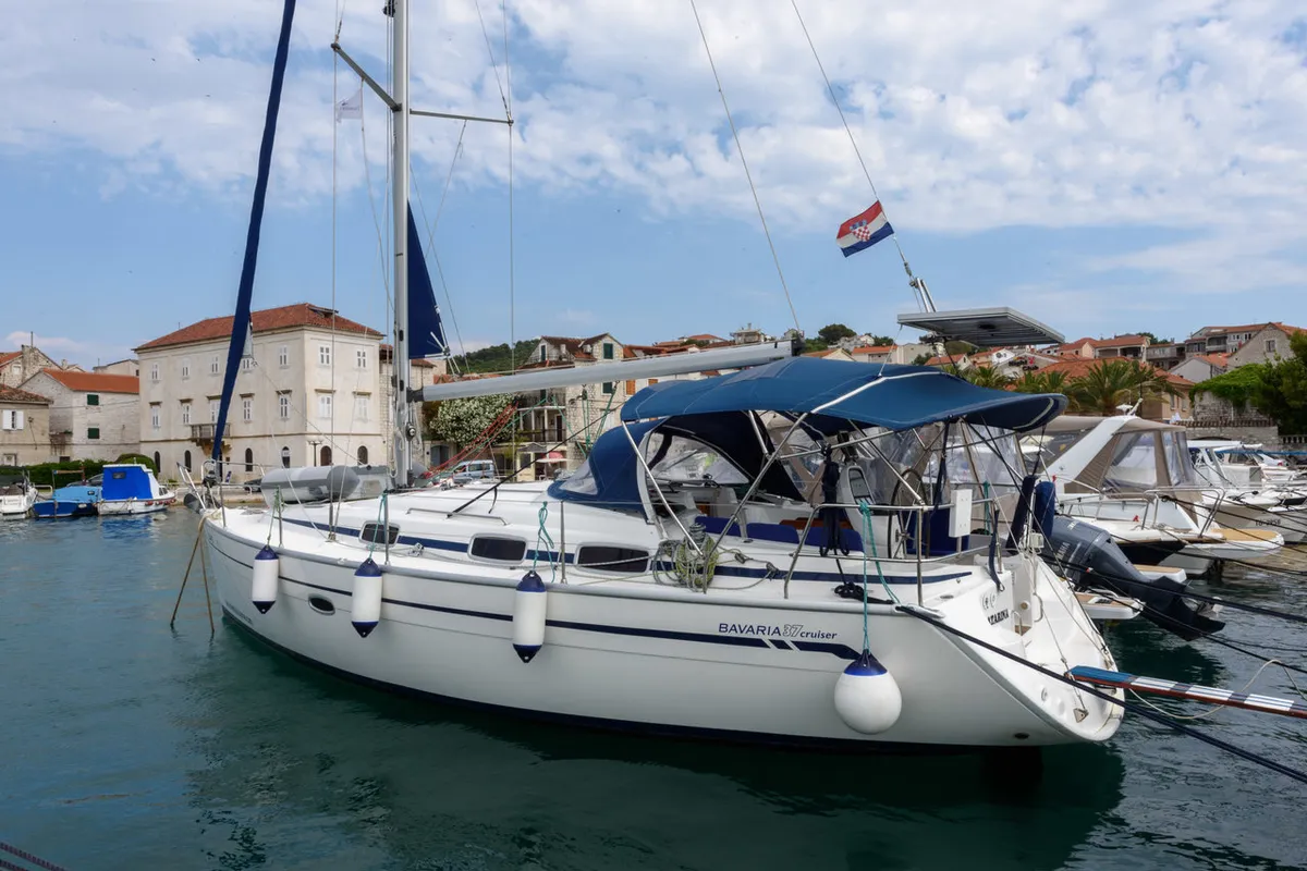 Exterior view of Katarina, a Bavaria 37 Cruiser sailboat at Grad Trogir, Croatia