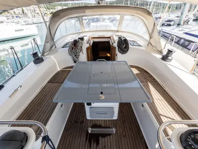 Deck of Cloe, a Bavaria 45 sailboat at La Spezia, Italy