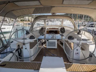 Cockpit of Cloe, a Bavaria 45 sailboat at La Spezia, Italy