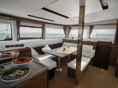 Salon of G. P, a Lagoon 46 catamaran at Athens, Greece