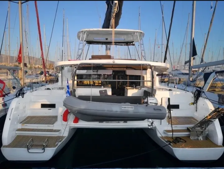 Exterior view of G. P, a Lagoon 46 catamaran at Athens, Greece