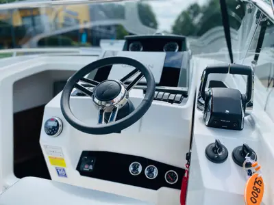 Cockpit of Karnic SL 800, a Karnic SL800 motorboat at Göhren-Lebbin, Germany