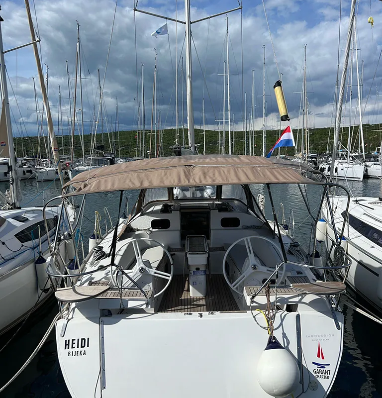 Deck of Heidi, a Elan Impression 45 sailboat at Punat, Croatia