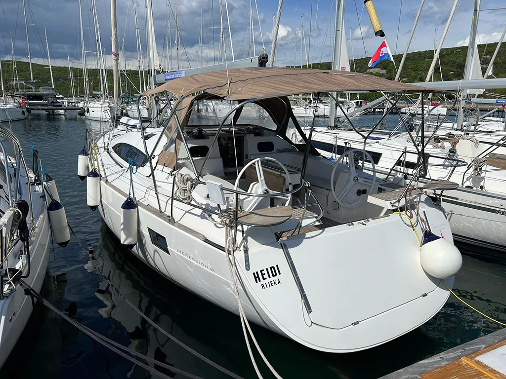 Exterior view of Heidi, a Elan Impression 45 sailboat at Punat, Croatia