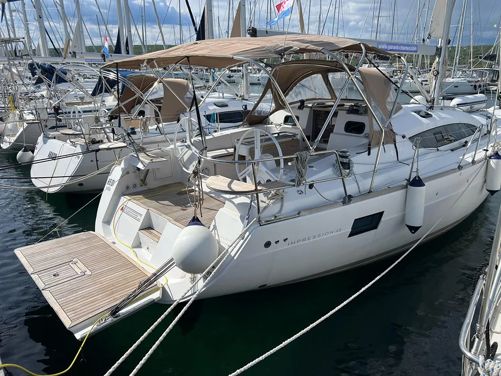 Exterior view of Heidi, a Elan Impression 45 sailboat at Punat, Croatia