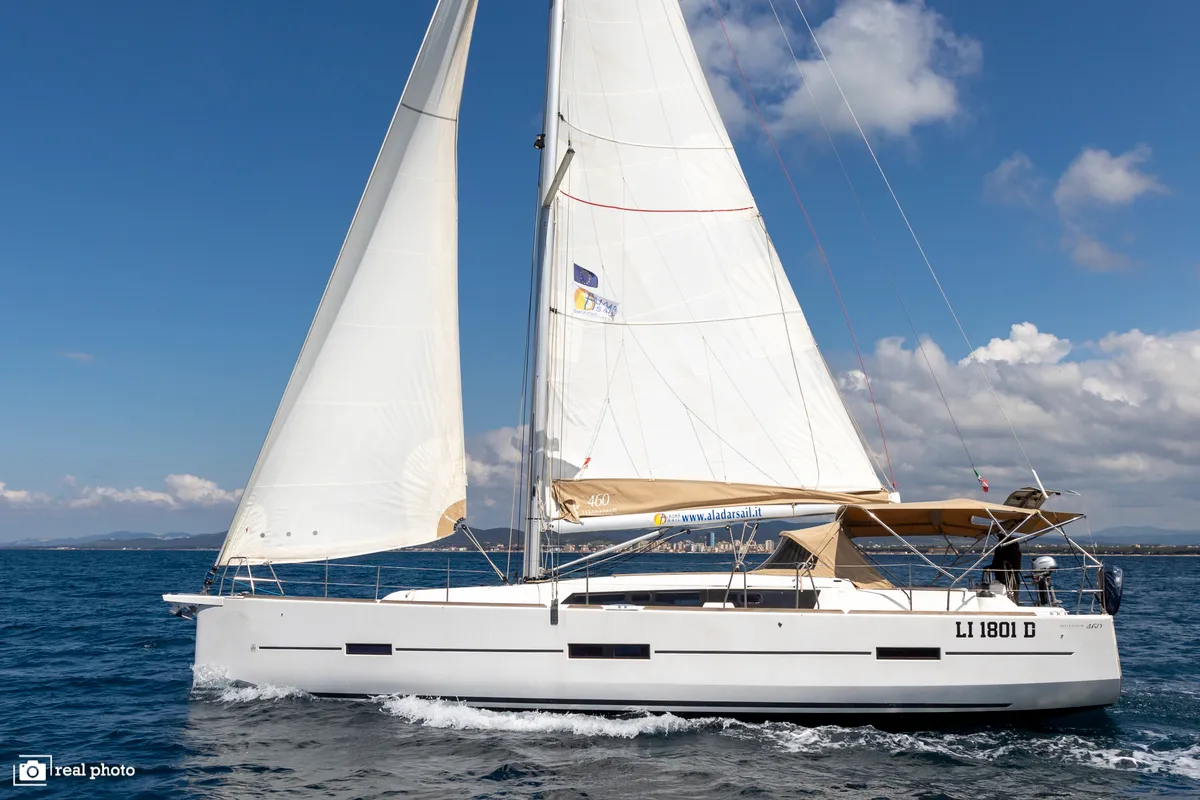 Exterior view of Asia, a Dufour 460 GL sailboat at Puntone di Scarlino, Italy