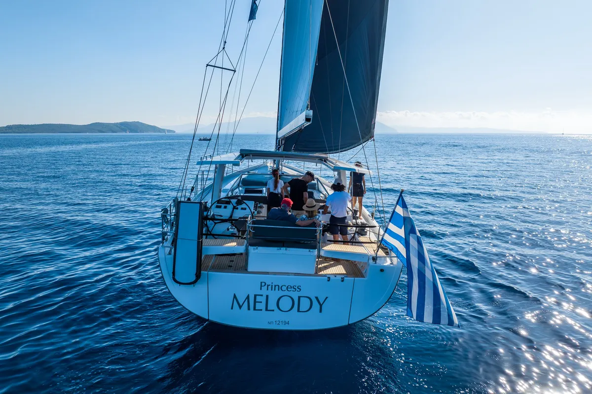 Exterior view of PRINCESS MELODY, a Hanse 588 sailboat at Municipal Unit of Lefkada, Greece