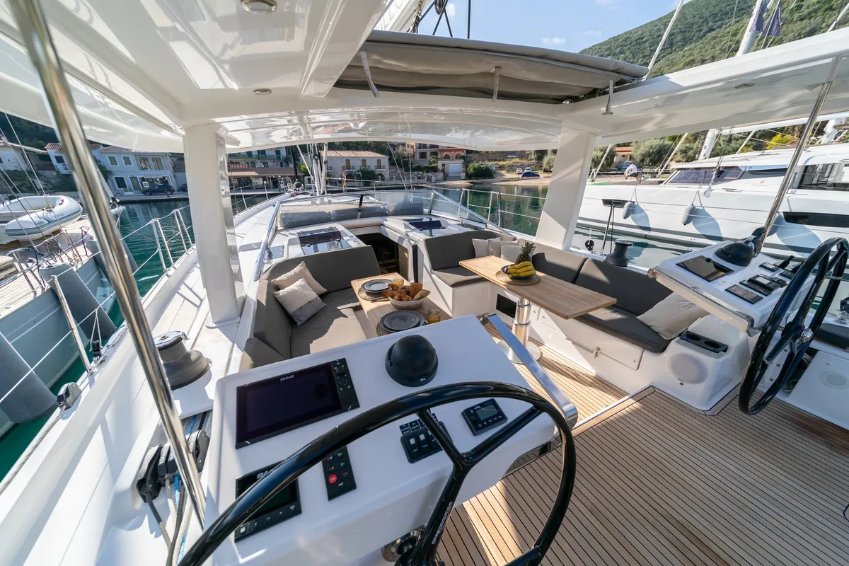 Cockpit of PRINCESS MELODY, a Hanse 588 sailboat at Municipal Unit of Lefkada, Greece