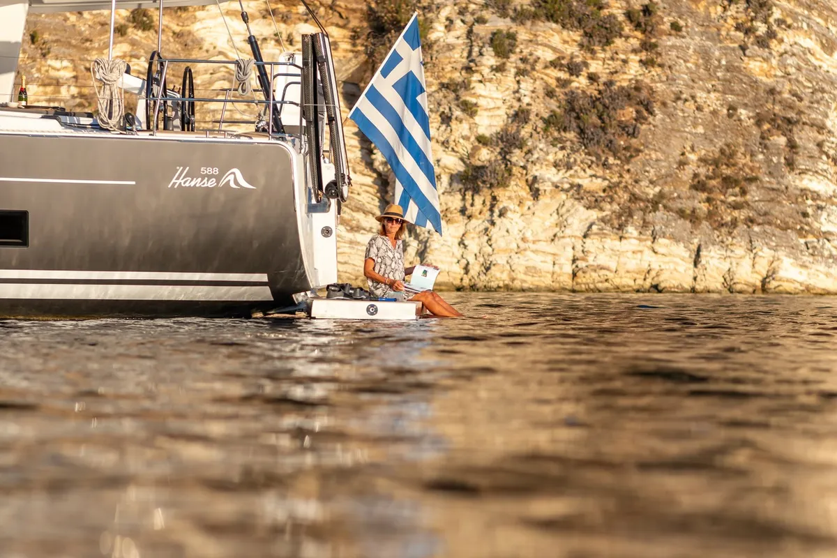 Deck of PRINCESS MELODY, a Hanse 588 sailboat at Municipal Unit of Lefkada, Greece