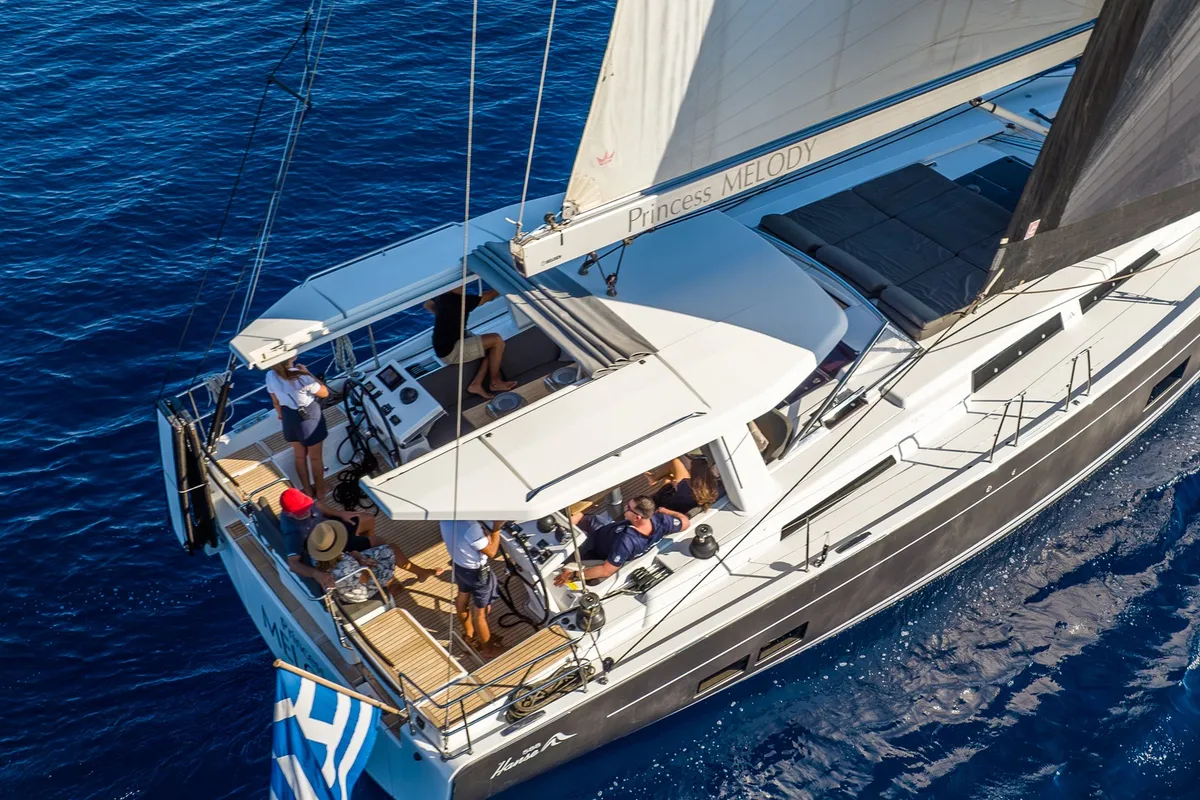 Exterior view of PRINCESS MELODY, a Hanse 588 sailboat at Municipal Unit of Lefkada, Greece