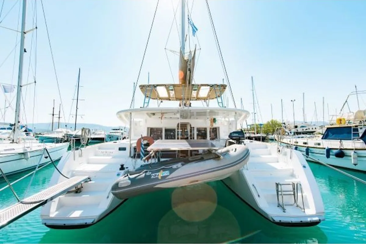 Exterior view of Athina (Pax 12), a Lagoon 450 Fly catamaran at Municipal Unit of Lefkada, Greece