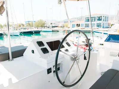 Cockpit of Athina (Pax 12), a Lagoon 450 Fly catamaran at Municipal Unit of Lefkada, Greece