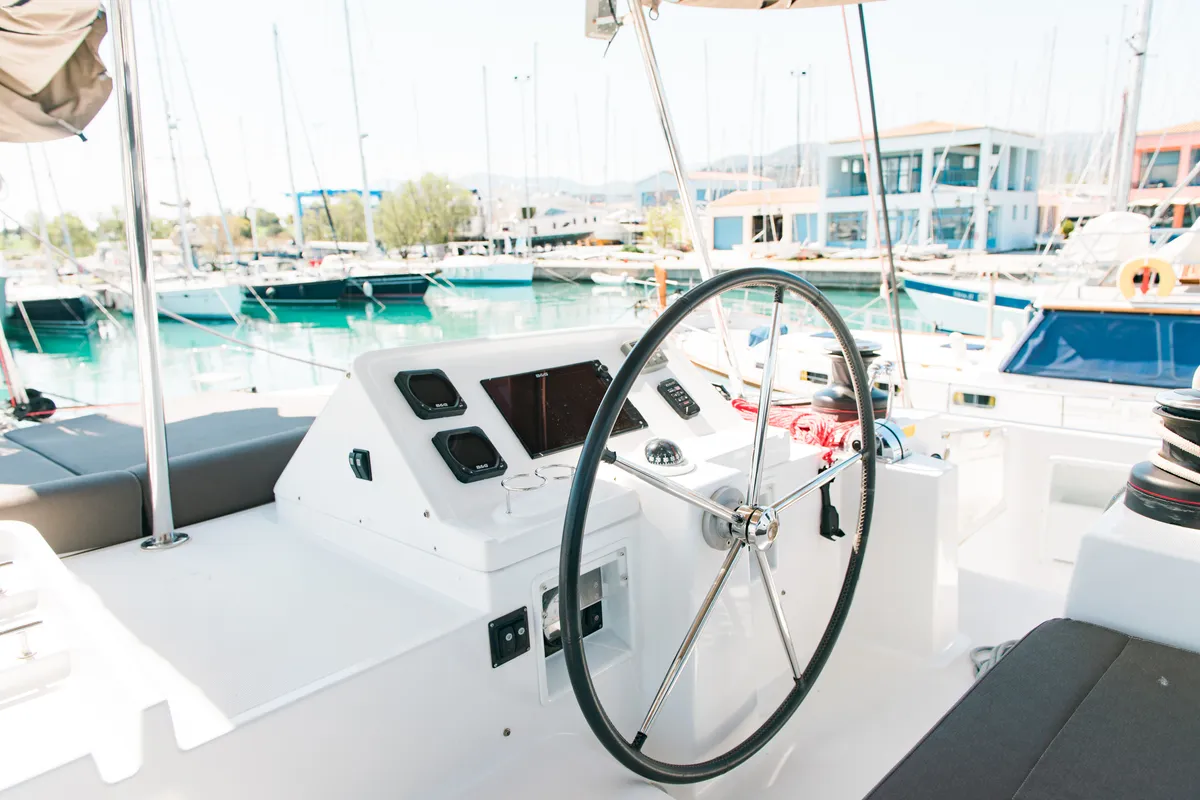 Cockpit of Athina (Pax 12), a Lagoon 450 Fly catamaran at Municipal Unit of Lefkada, Greece