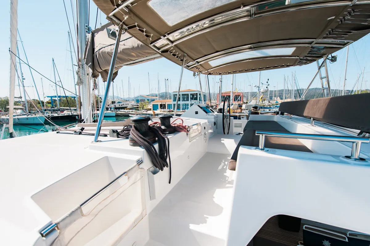Deck of Athina (Pax 12), a Lagoon 450 Fly catamaran at Municipal Unit of Lefkada, Greece