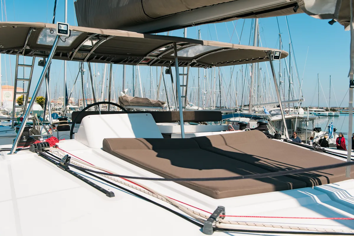 Deck of Athina (Pax 12), a Lagoon 450 Fly catamaran at Municipal Unit of Lefkada, Greece