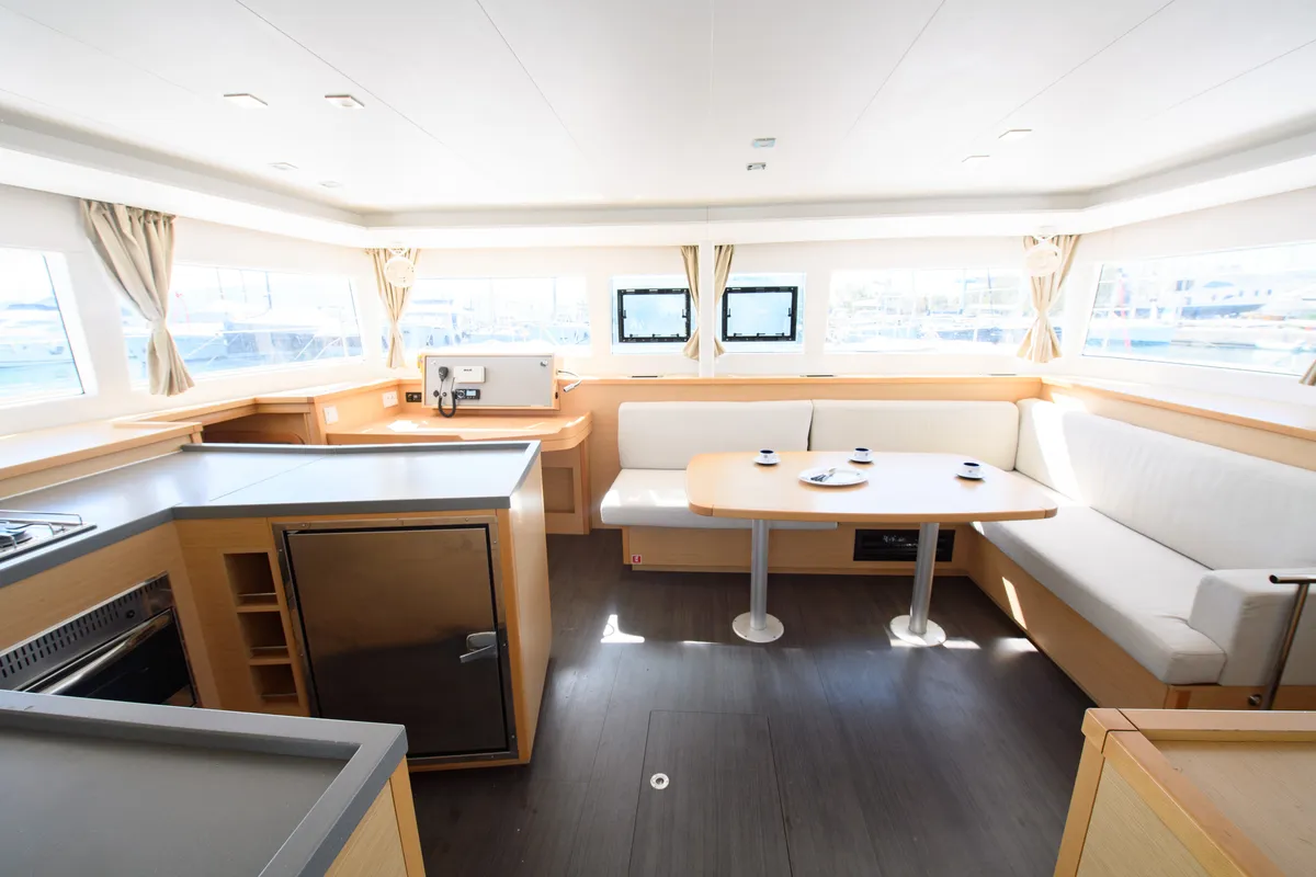 Salon of Athina (Pax 12), a Lagoon 450 Fly catamaran at Municipal Unit of Lefkada, Greece