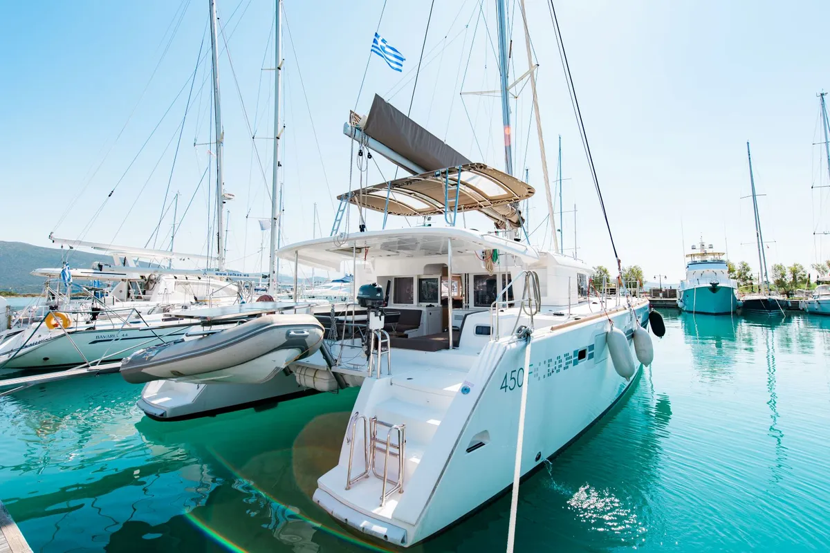 Exterior view of Athina (Pax 12), a Lagoon 450 Fly catamaran at Municipal Unit of Lefkada, Greece