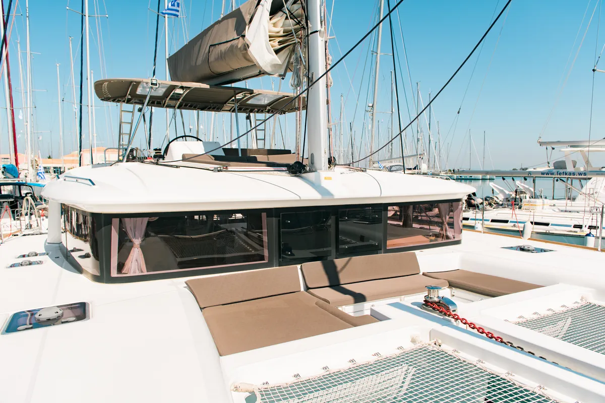 Deck of Athina (Pax 12), a Lagoon 450 Fly catamaran at Municipal Unit of Lefkada, Greece