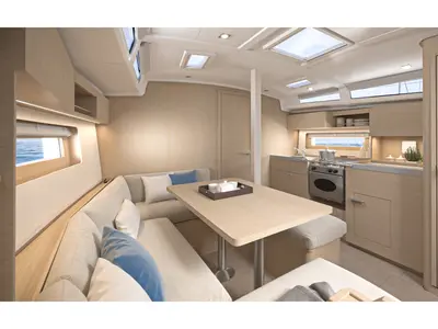 Salon of Aurora - Comfort line, a Beneteau Oceanis 37.1 sailboat at Capo d'Orlando, Italy