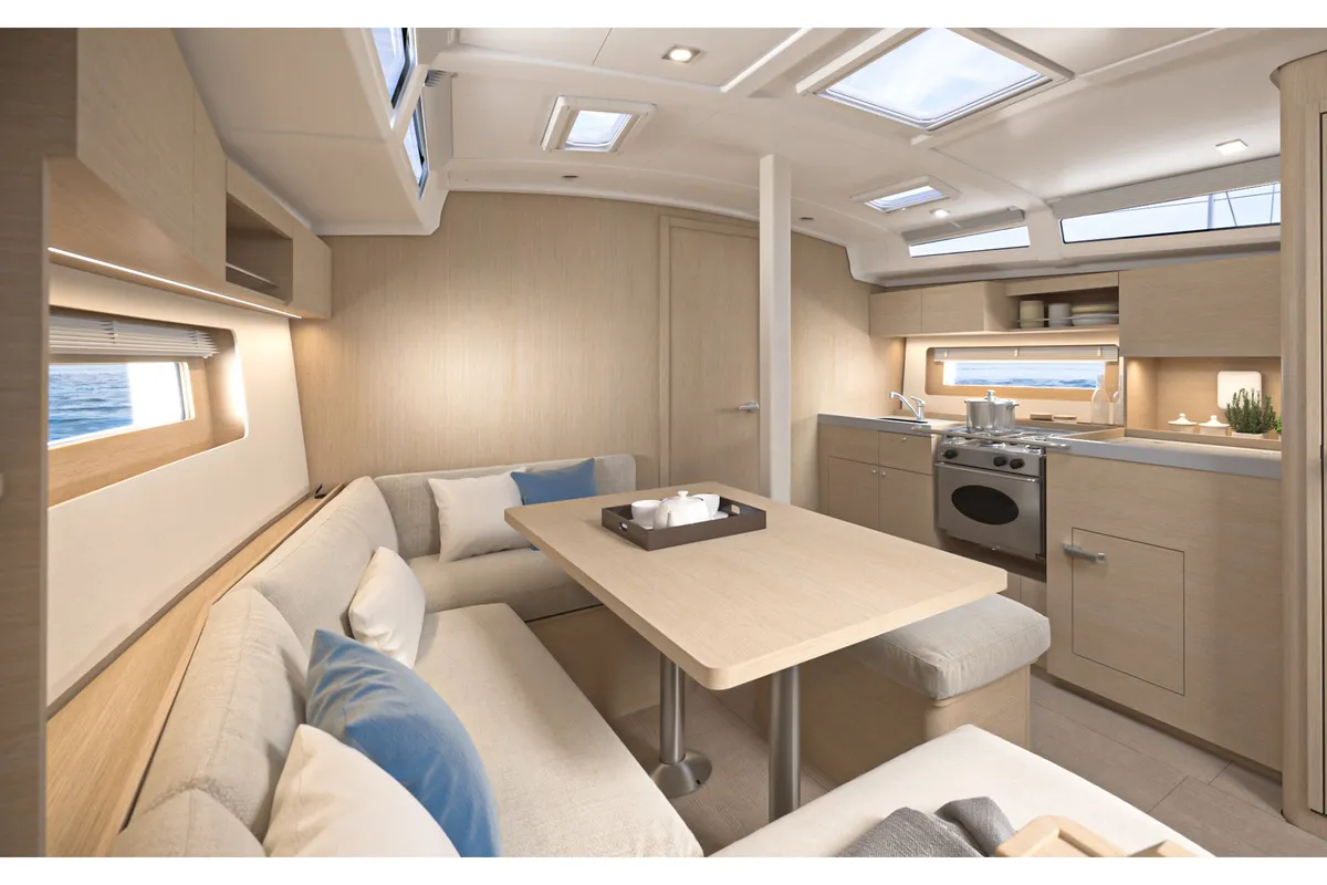 Salon of Aurora - Comfort line, a Beneteau Oceanis 37.1 sailboat at Capo d'Orlando, Italy
