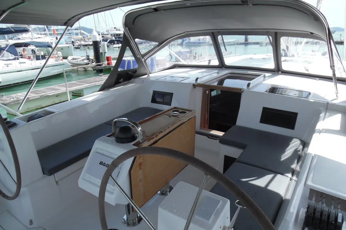 Cockpit of Isabella 2, a Bavaria C45 sailboat at Mai Khao, Thailand
