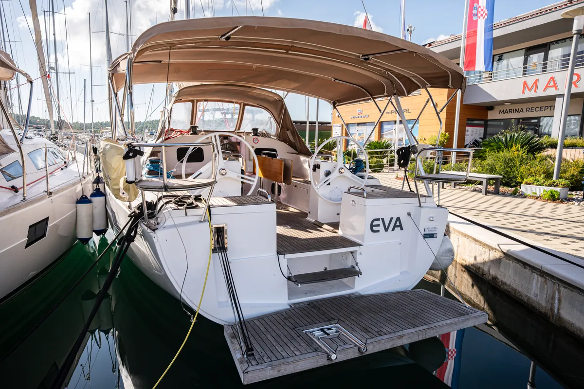 Deck of Eva, a Elan Impression 45.1 sailboat at Pirovac, Croatia