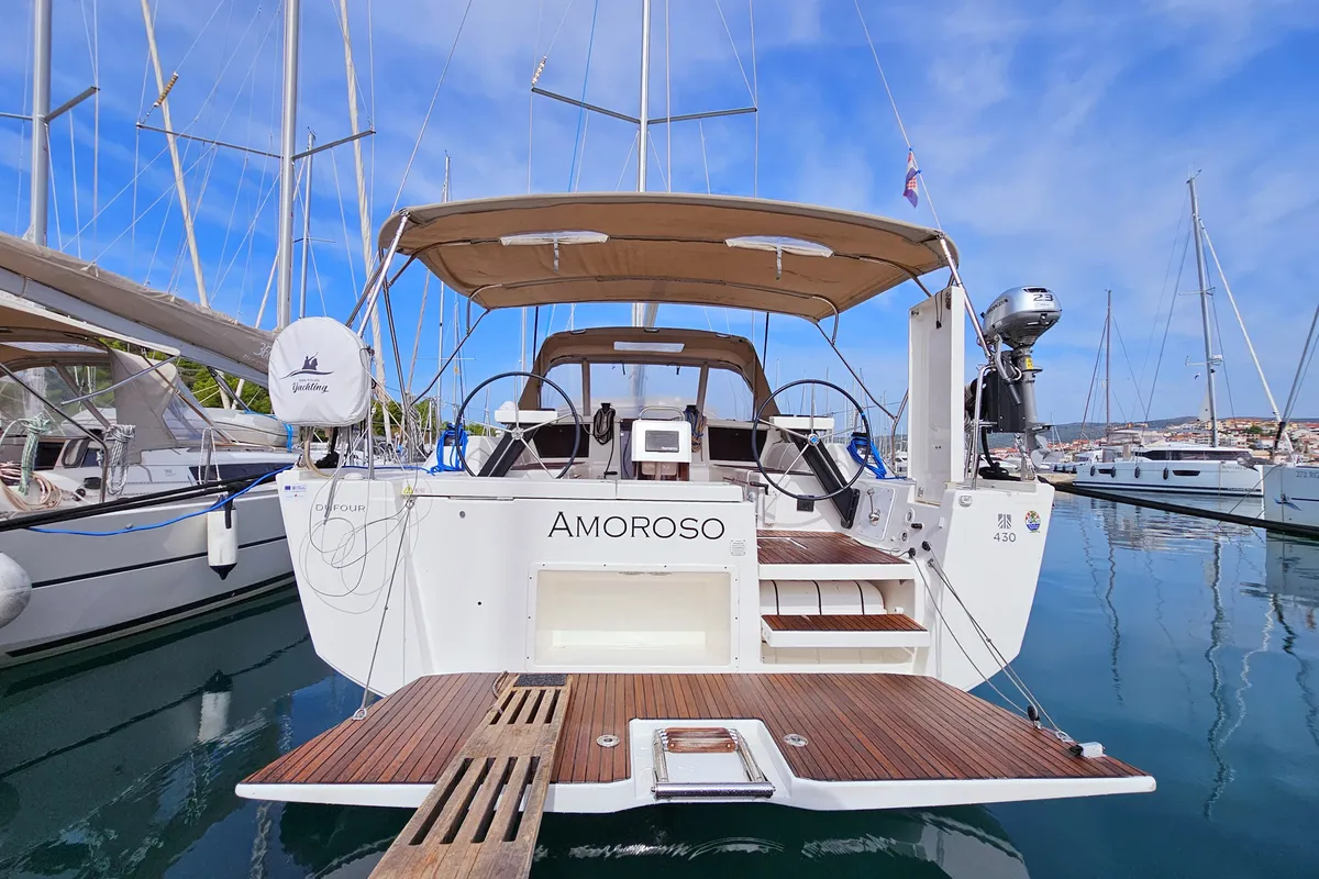 Cockpit of Amoroso, a Dufour 430 GL sailboat at Rogoznica, Croatia