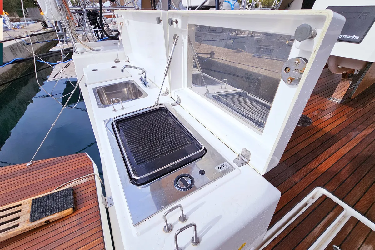 Deck of Amoroso, a Dufour 430 GL sailboat at Rogoznica, Croatia