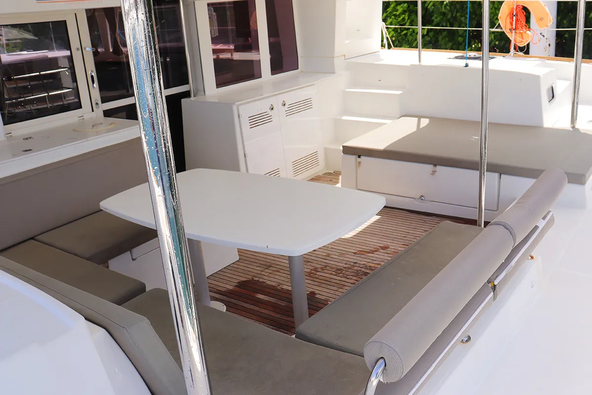 Deck of Tramontane, a Lagoon 450 F catamaran at Road Town, British Virgin Islands