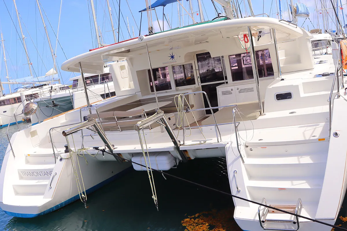 Exterior view of Tramontane, a Lagoon 450 F catamaran at Road Town, British Virgin Islands