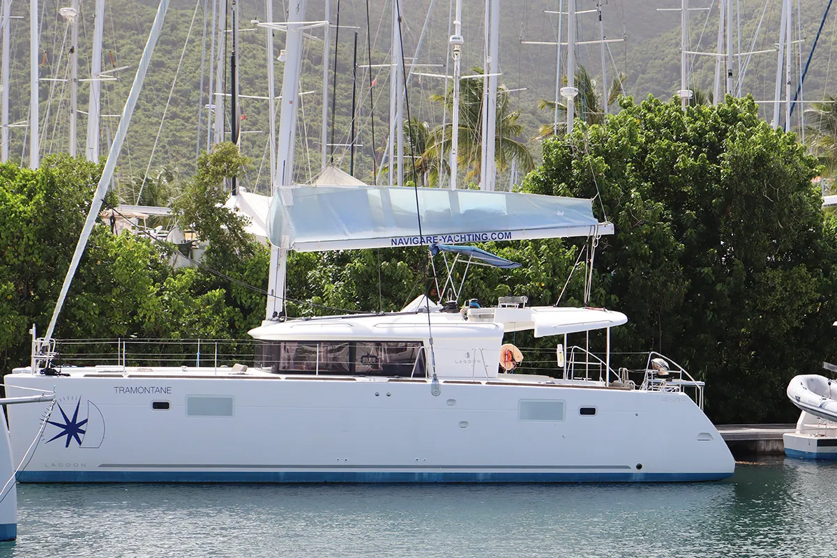 Exterior view of Tramontane, a Lagoon 450 F catamaran at Road Town, British Virgin Islands