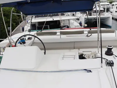 Cockpit of Tramontane, a Lagoon 450 F catamaran at Road Town, British Virgin Islands
