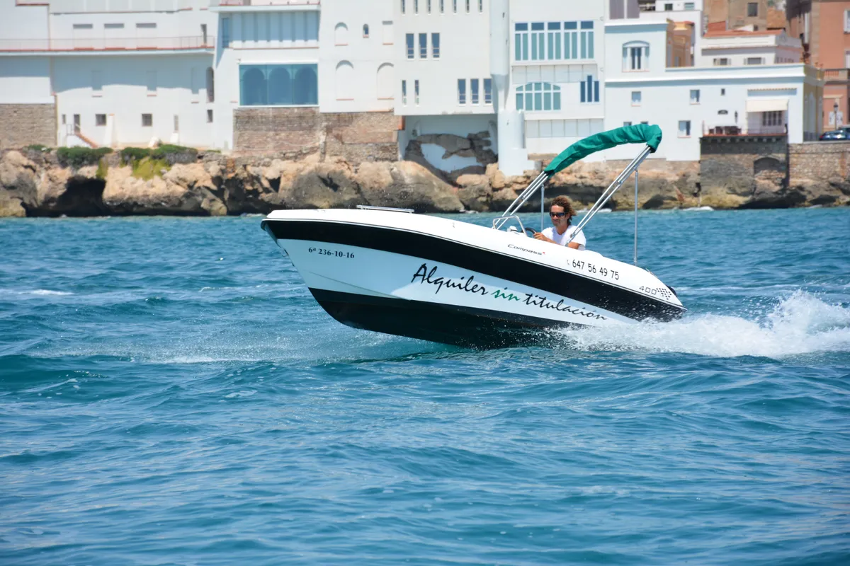 Exterior view of Patito, a Gulet Compass 400 GT motorboat at Sitges, Spain