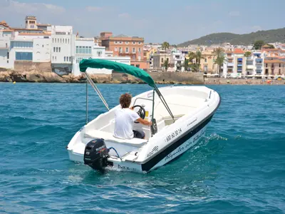 Exterior view of Patito, a Gulet Compass 400 GT motorboat at Sitges, Spain