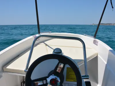 Cockpit of Patito, a Gulet Compass 400 GT motorboat at Sitges, Spain
