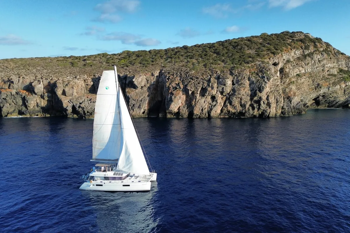 Exterior view of Baltsar, a Lagoon 560 S2 catamaran at Sant Antoni de Portmany, Spain