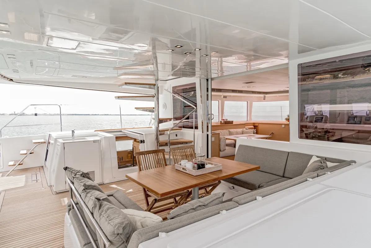 Deck of Baltsar, a Lagoon 560 S2 catamaran at Sant Antoni de Portmany, Spain