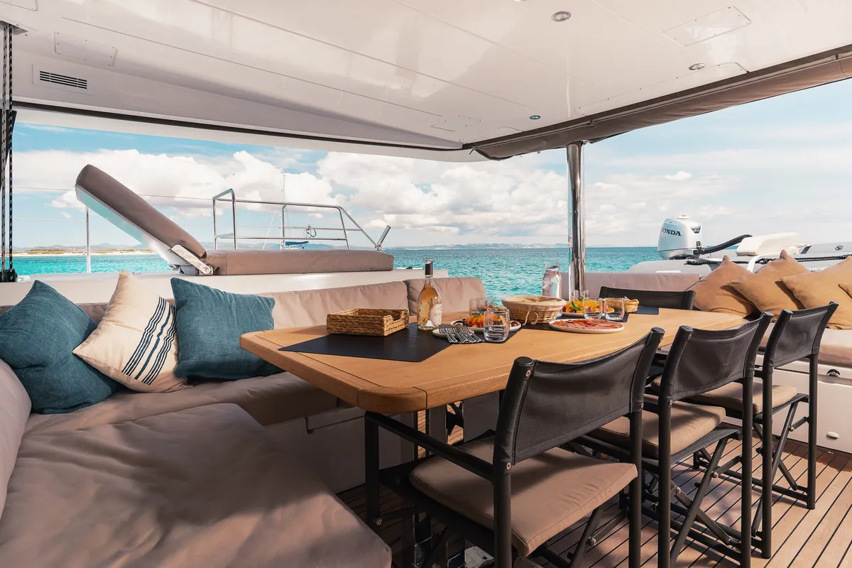 Deck of Baltsar, a Lagoon 560 S2 catamaran at Sant Antoni de Portmany, Spain