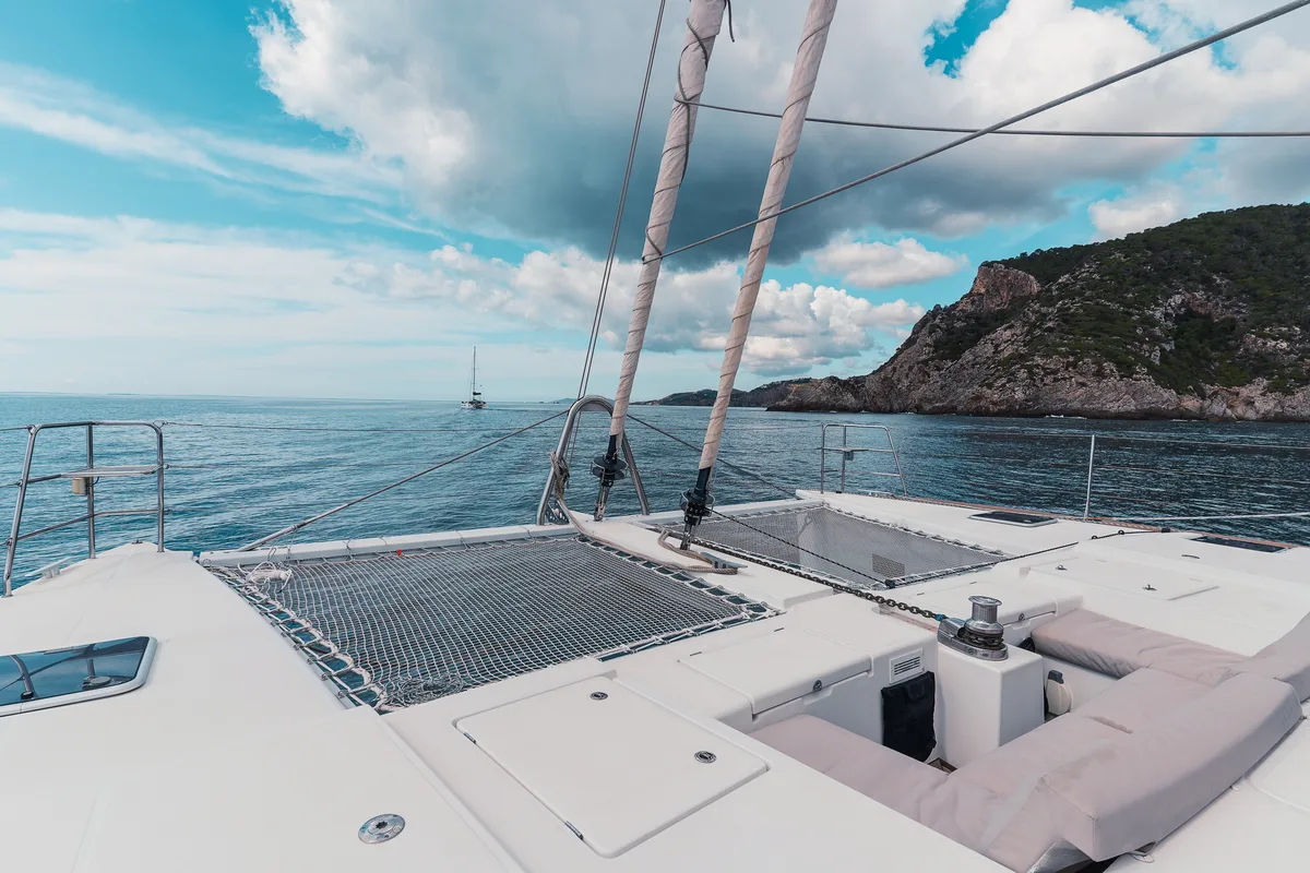 Deck of Baltsar, a Lagoon 560 S2 catamaran at Sant Antoni de Portmany, Spain
