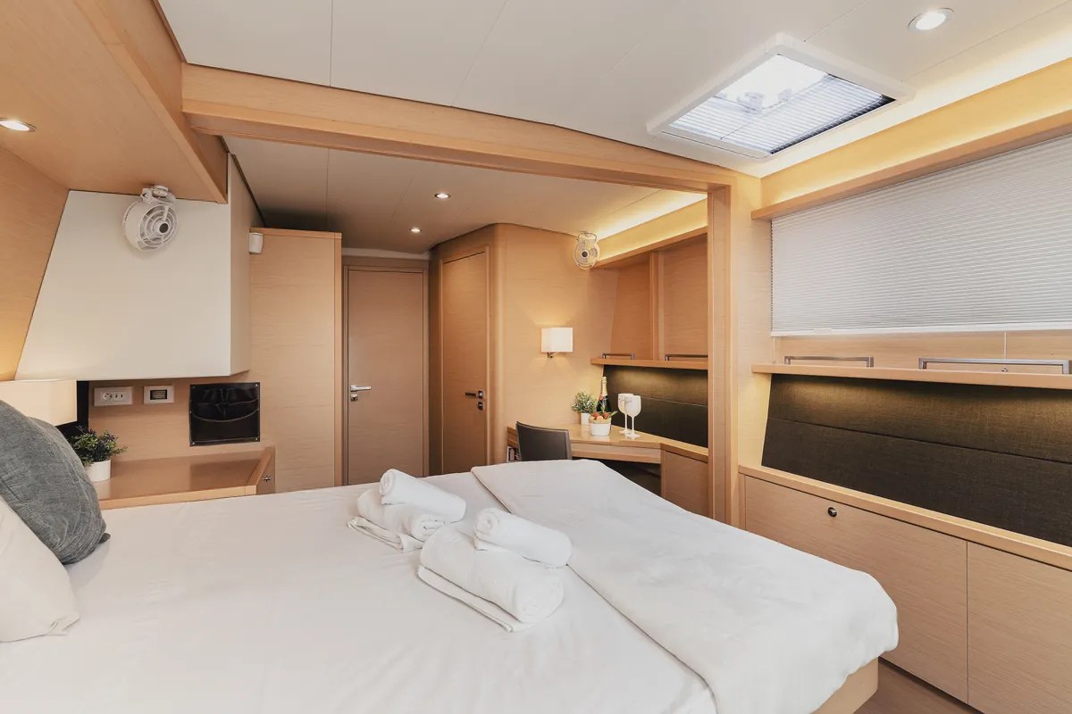 Cabin on Baltsar, a Lagoon 560 S2 catamaran at Sant Antoni de Portmany, Spain