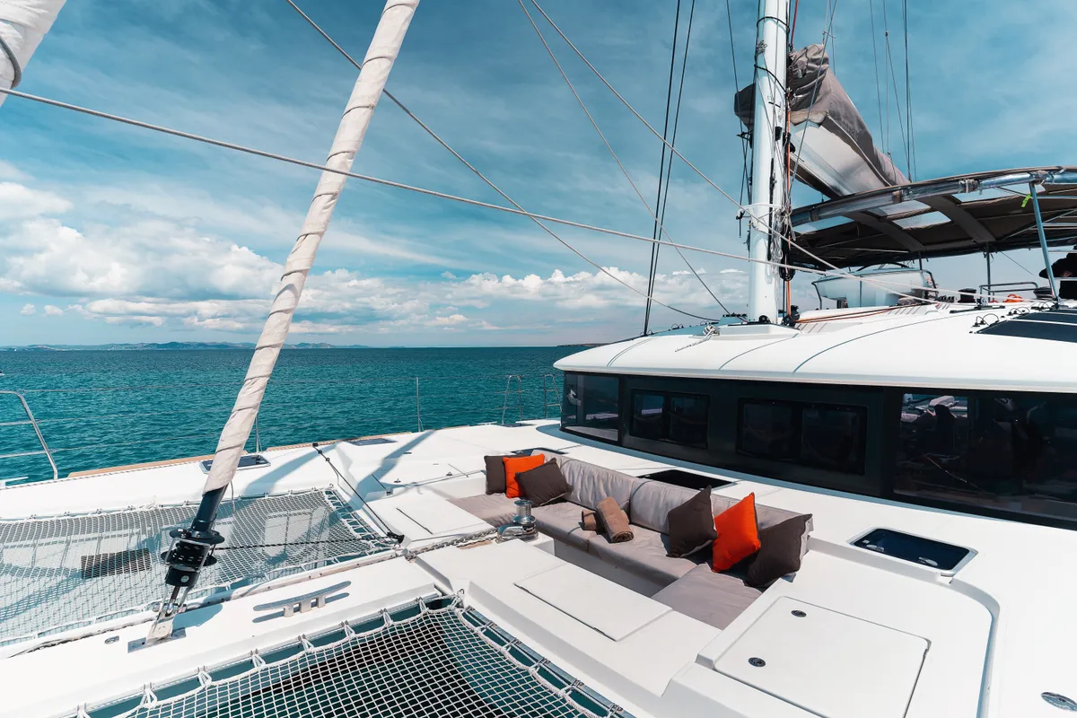 Deck of Baltsar, a Lagoon 560 S2 catamaran at Sant Antoni de Portmany, Spain