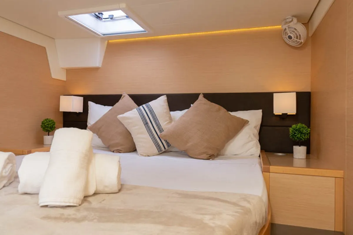 Cabin on Baltsar, a Lagoon 560 S2 catamaran at Sant Antoni de Portmany, Spain