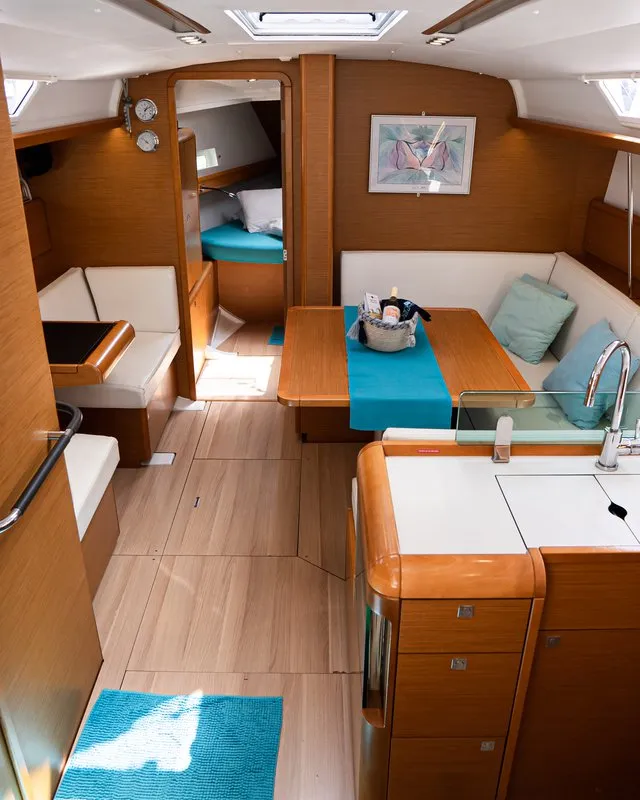 Salon of Izzi, a Jeanneau Sun Odyssey 419 sailboat at Municipal Unit of Lefkada, Greece
