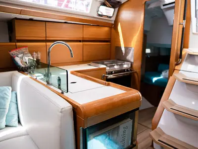 Galley of Izzi, a Jeanneau Sun Odyssey 419 sailboat at Municipal Unit of Lefkada, Greece