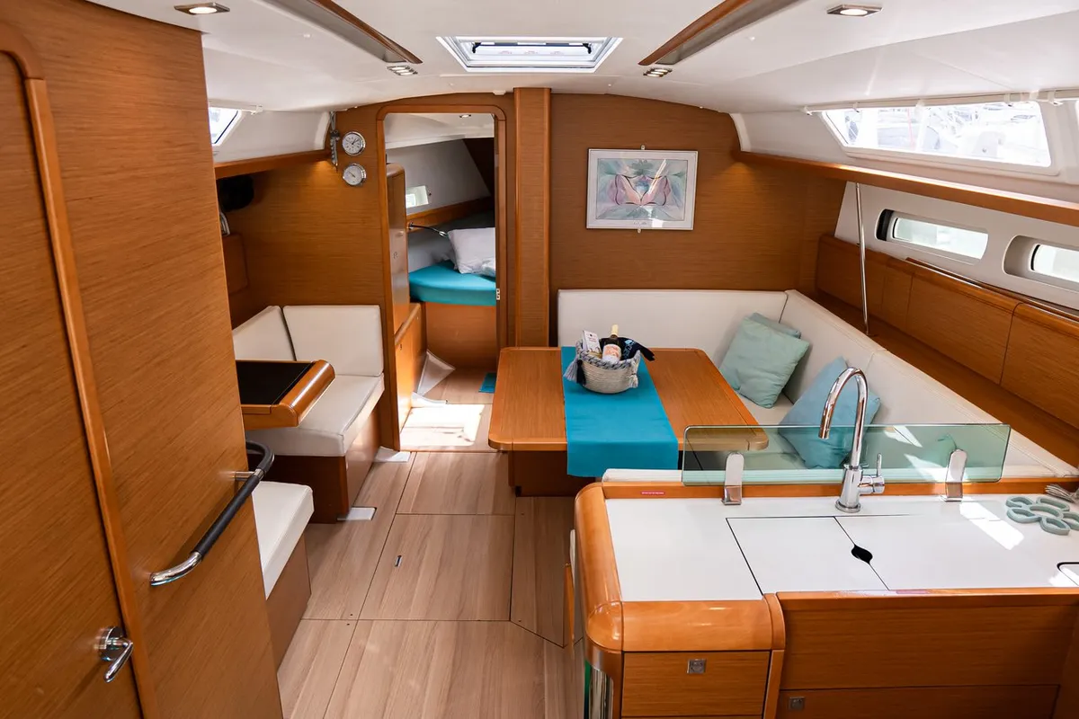 Salon of Izzi, a Jeanneau Sun Odyssey 419 sailboat at Municipal Unit of Lefkada, Greece