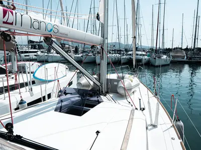 Deck of Izzi, a Jeanneau Sun Odyssey 419 sailboat at Municipal Unit of Lefkada, Greece