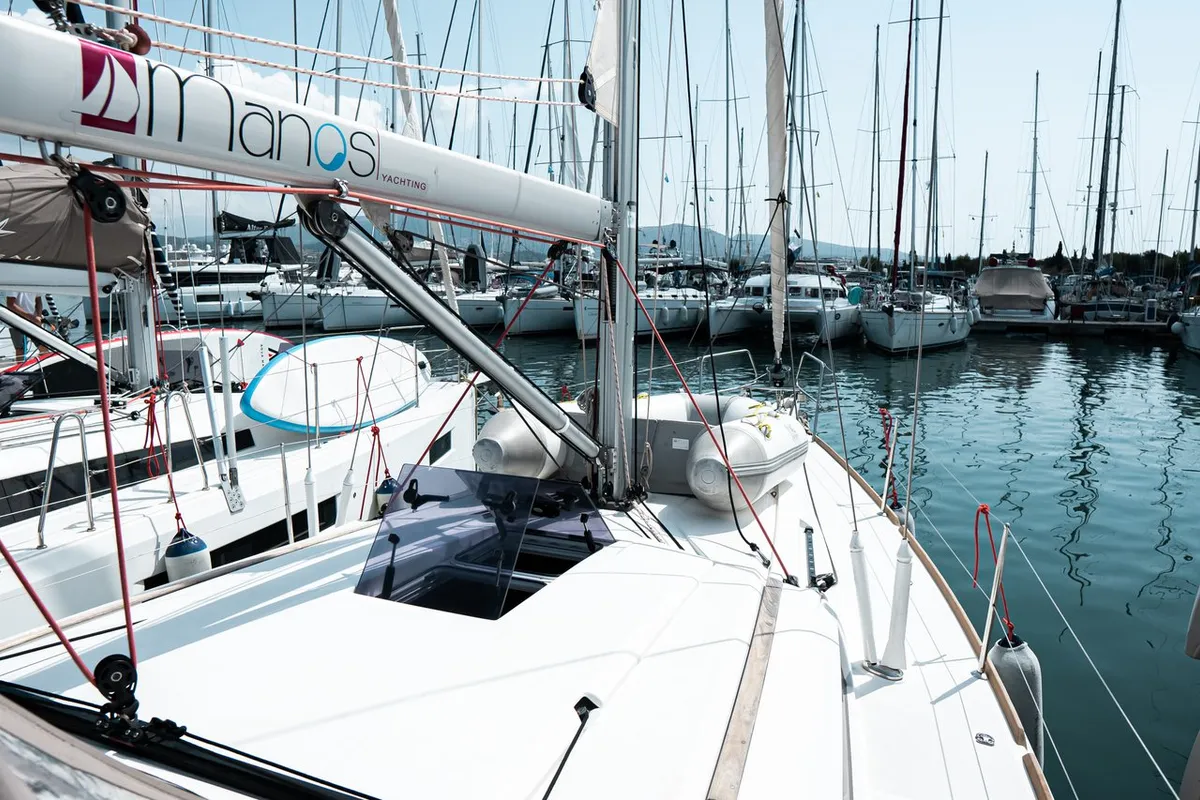 Deck of Izzi, a Jeanneau Sun Odyssey 419 sailboat at Municipal Unit of Lefkada, Greece