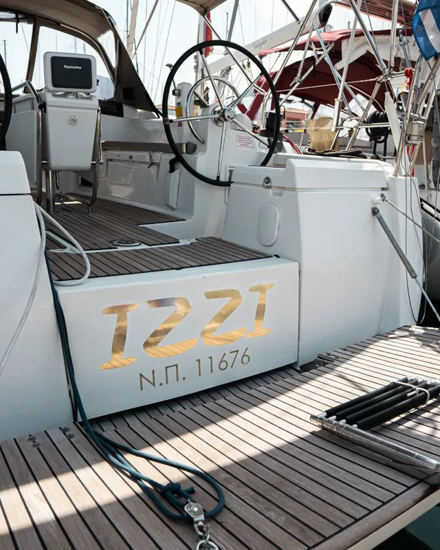 Deck of Izzi, a Jeanneau Sun Odyssey 419 sailboat at Municipal Unit of Lefkada, Greece