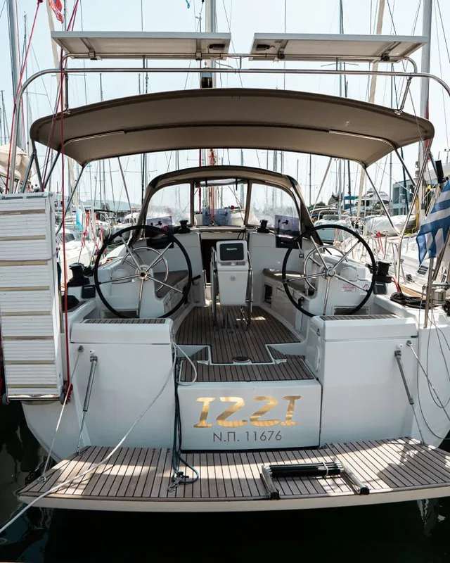 Cockpit of Izzi, a Jeanneau Sun Odyssey 419 sailboat at Municipal Unit of Lefkada, Greece